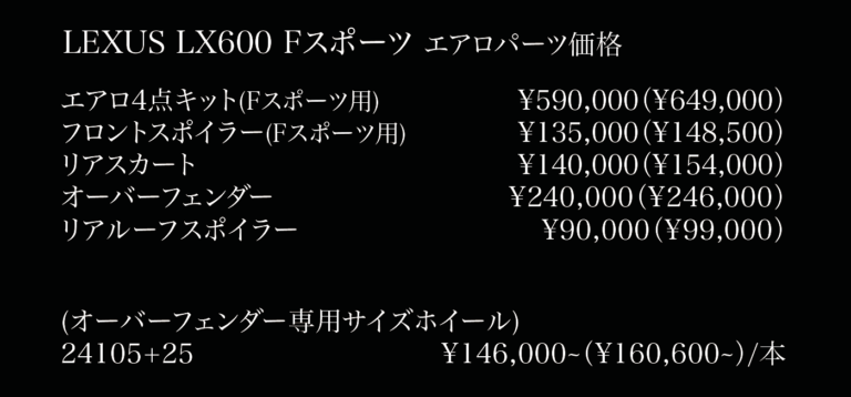 レクサス LX600 Fスポーツ 用 UNIVERSAL DESIGN エアロ プライス表